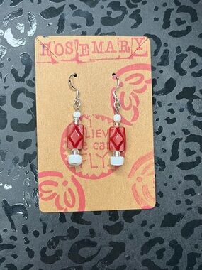 Red and White Glass Drop Earrings with Silver Hooks